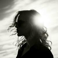 svart och vit bild av en kvinna med solglasögon i främre av de Sol generativ ai foto