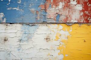 färgrik måla peeling av av ett gammal trä- vägg generativ ai foto