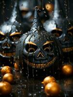 halloween jack-o-lyktor på en svart bakgrund generativ ai foto