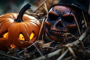 halloween pumpor och en skalle i de gräs generativ ai foto