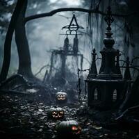 halloween pumpor i de trän med en slott i de bakgrund generativ ai foto
