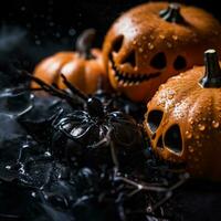 halloween pumpor på en svart bakgrund generativ ai foto