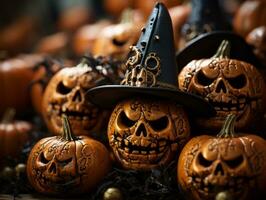halloween pumpor med häxa hattar och skallar generativ ai foto