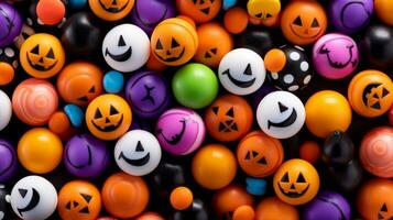 många färgrik halloween godis bollar är anordnad tillsammans generativ ai foto