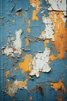 gammal måla peeling av av en blå och gul målad vägg generativ ai foto