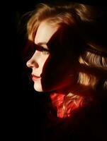 porträtt av en skön ung kvinna med röd ljus på henne ansikte generativ ai foto