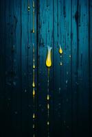 regn droppar på en trä- vägg med en gul ljus generativ ai foto