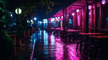 regnig natt scen med tabeller och stolar på de trottoar på natt generativ ai foto