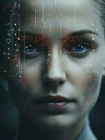 de ansikte av en kvinna med en dator gränssnitt generativ ai foto