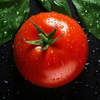 tomat med vatten droppar och löv på en svart bakgrund generativ ai foto