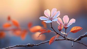 två rosa blommor är på en gren i främre av de Sol generativ ai foto