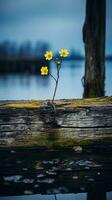 två gul blommor växande på en trä- posta i de vatten generativ ai foto