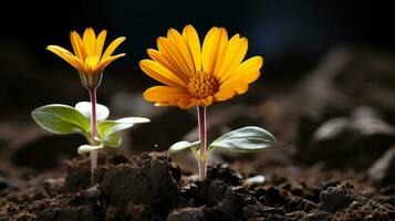 två gul blommor växande ut av de jord generativ ai foto