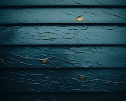 vatten droppar på en mörk blå trä- vägg generativ ai foto