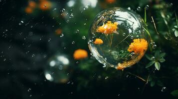 gul blommor i en glas bubbla med regndroppar generativ ai foto