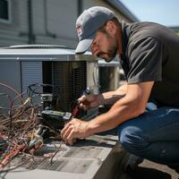 hvac tekniker underhåll ett luft konditionering enhet foto