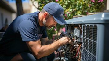 hvac tekniker underhåll ett luft konditionering enhet foto