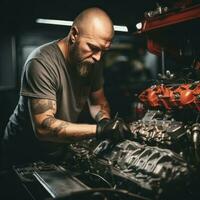 mekaniker reparation en bil motor i en garage foto