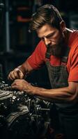 mekaniker reparation en bil motor i en garage foto