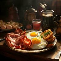 traditionell engelsk frukost med friterad ägg, krypterade ägg, bacon och friterad bröd i en snyggt dekorerad arrangemang på en tallrik. foto