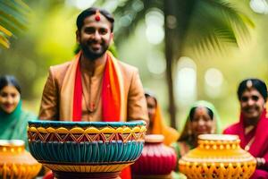 en man i traditionell indisk klädsel är innehav en pott. ai-genererad foto