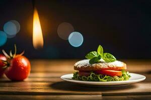 en smörgås med tomater och basilika på en tallrik. ai-genererad foto