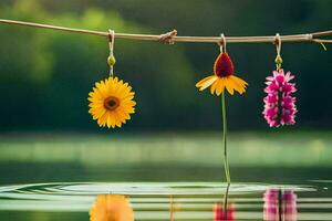 tre blommor hängande från en rep över vatten. ai-genererad foto