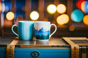 två kaffe muggar sitta på topp av en trä- tabell. ai-genererad foto