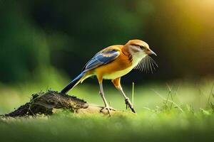 en fågel är stående på en logga i de gräs. ai-genererad foto