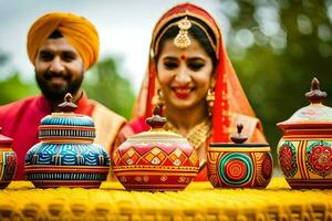 en par i traditionell indisk klädsel är innehav färgrik krukor. ai-genererad foto