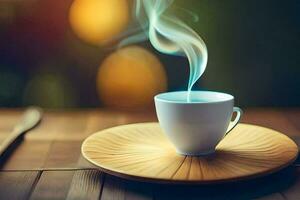en kopp av kaffe på en trä- tabell. ai-genererad foto