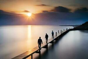 tre människor gående på en pir på solnedgång. ai-genererad foto
