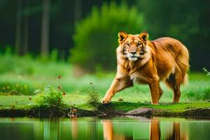 en tiger gående tvärs över en gräs- fält. ai-genererad foto