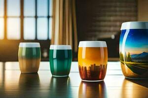 en grupp av fyra öl glasögon med annorlunda färger. ai-genererad foto