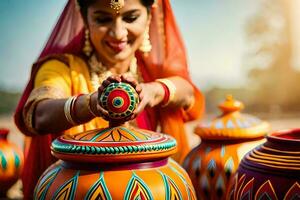 en kvinna i traditionell indisk Kläder är innehav en pott. ai-genererad foto