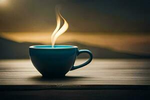 en blå kopp av kaffe på en trä- tabell. ai-genererad foto
