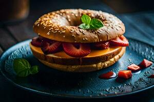 en bagel smörgås med jordgubbar och ost på Det. ai-genererad foto