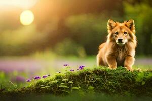 en hund Sammanträde på en gräs- kulle med lila blommor. ai-genererad foto