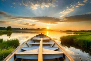 de båt är på de vatten på solnedgång. ai-genererad foto