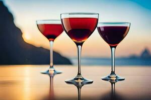 tre glasögon av röd vin på en tabell. ai-genererad foto
