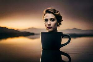 en kvinna är Sammanträde i en kaffe kopp. ai-genererad foto