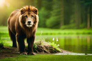 de lejon är stående i de gräs nära de vatten. ai-genererad foto