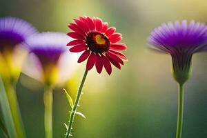 röd blomma, lila blomma, natur, grön, Sol, blommor, natur, natur fotografi,. ai-genererad foto