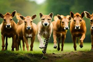 en besättning av geparder löpning genom de gräs. ai-genererad foto
