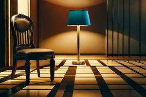 en stol och lampa i en rum med en rutig golv. ai-genererad foto