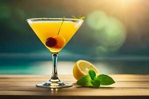en cocktail med citron- och körsbär på en trä- tabell. ai-genererad foto
