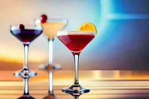 tre annorlunda typer av cocktails sitta på en tabell. ai-genererad foto