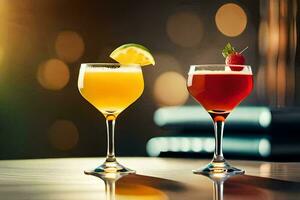 två glasögon av cocktails med frukt och juice. ai-genererad foto