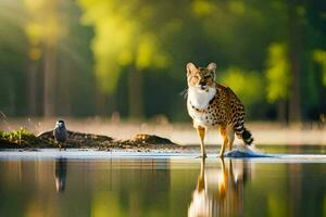 en leopard stående i de vatten med en fågel. ai-genererad foto