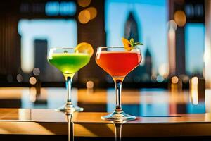 två färgrik cocktails sitta på en tabell i främre av en stadsbild. ai-genererad foto
